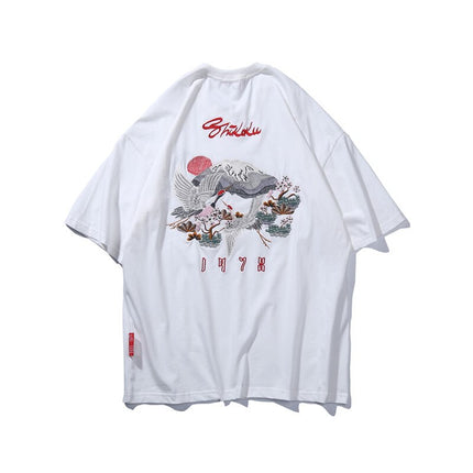 Men's Japanese Style Crane Embroidery T-Shirt - Wnkrs