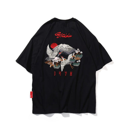 Men's Japanese Style Crane Embroidery T-Shirt - Wnkrs
