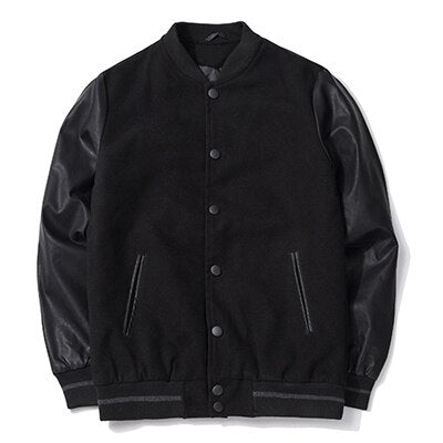 Men's Black Woolen Bomber Jacket with Leather Sleeves - Wnkrs