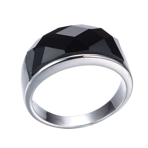 Men's Stylish Silver Ring with Large Black Crystal - Wnkrs