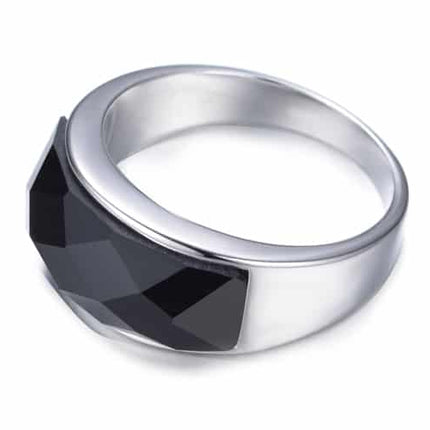 Men's Stylish Silver Ring with Large Black Crystal - Wnkrs