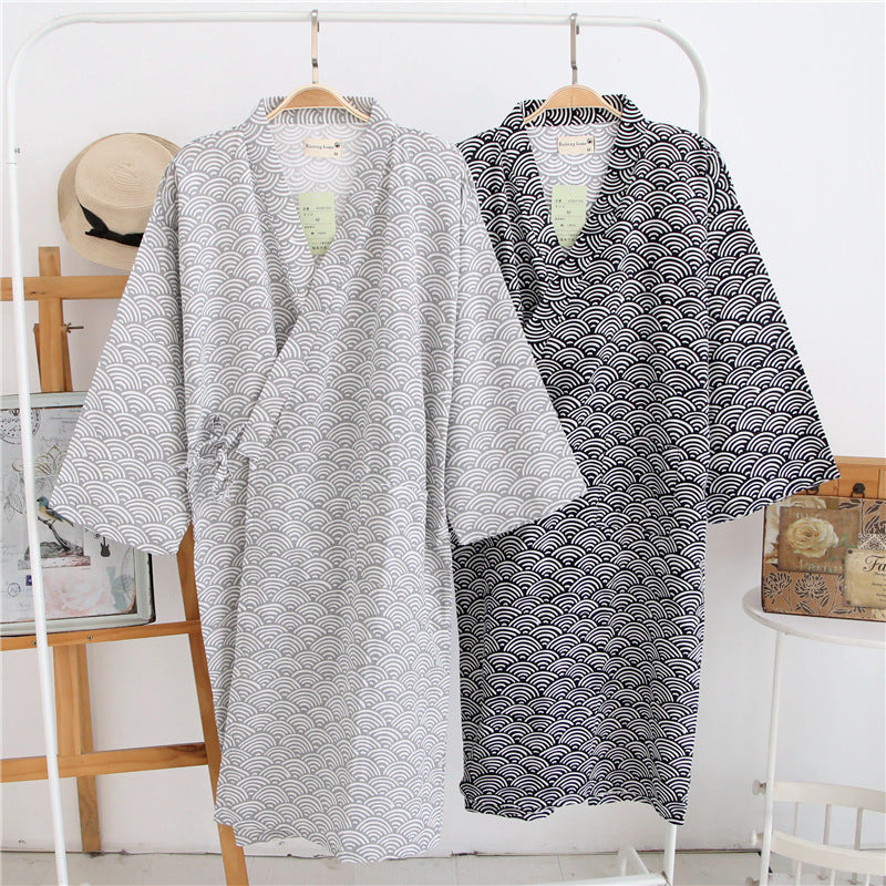 Men's Black/Gray Loose Thin Style Cotton Bathrobe