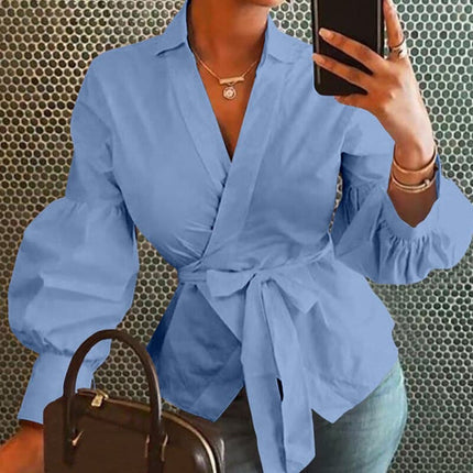 Women's Belted Loose V-Neck Blouse with Lantern Sleeves - Wnkrs