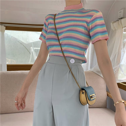 Women's Colorful Striped Crop Top with Stand Collar - Wnkrs