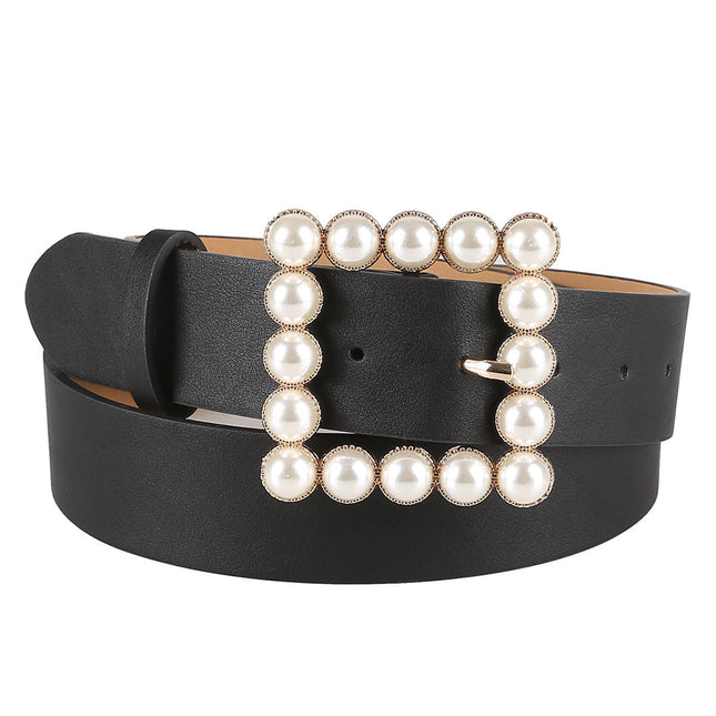 Women's Simple Square Shaped Buckle Belt with Pearls - Wnkrs