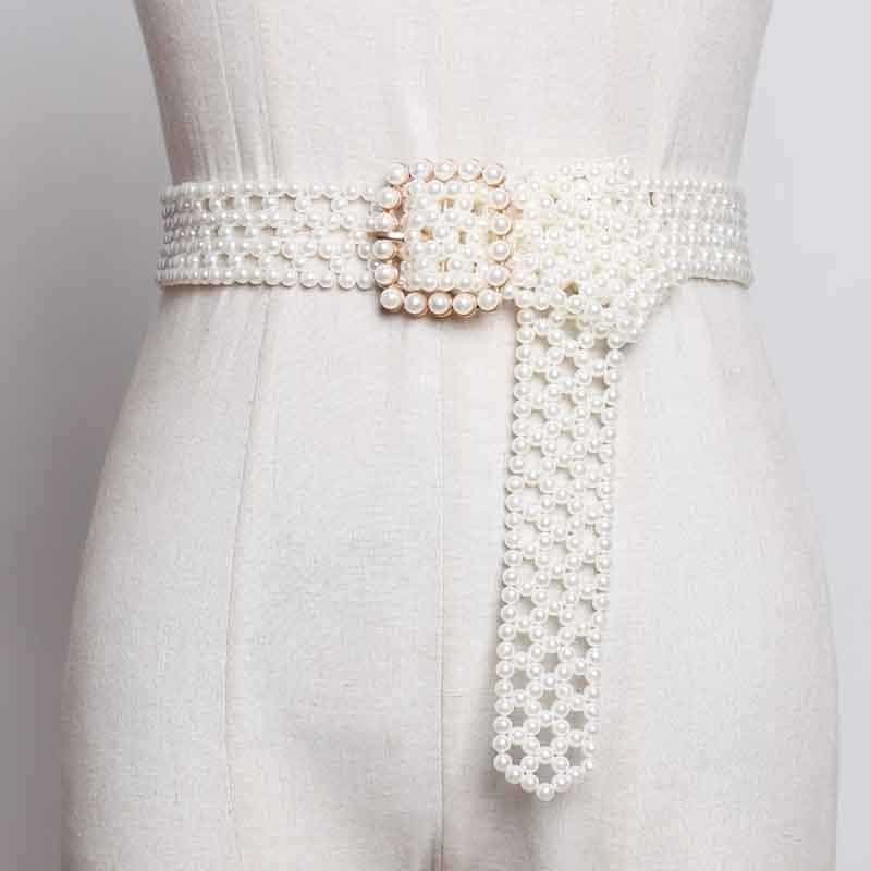 Women's Long Wide Belt with Pearls