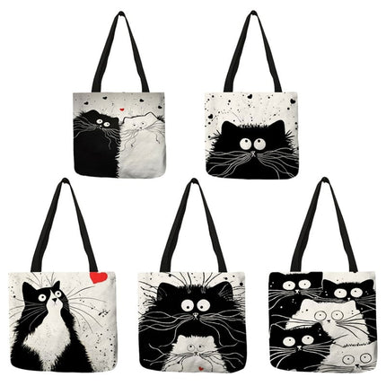 Women's Cartoon Cat Printed Linen Tote Bag - Wnkrs