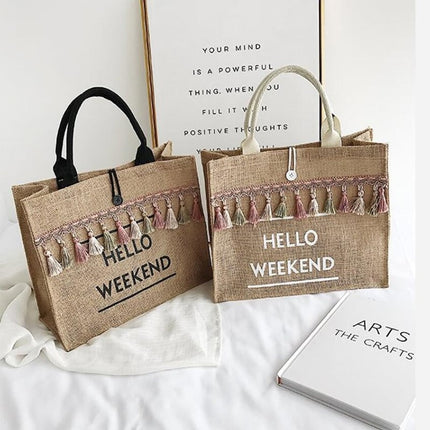 Women's Linen Hello Weekend Tassel Tote Bag - Wnkrs