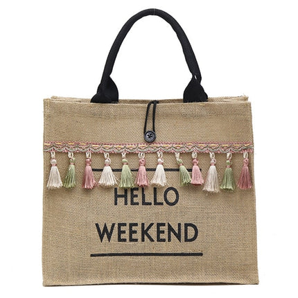 Women's Linen Hello Weekend Tassel Tote Bag - Wnkrs