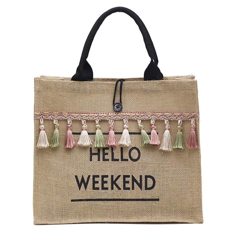 Women's Linen Hello Weekend Tassel Tote Bag