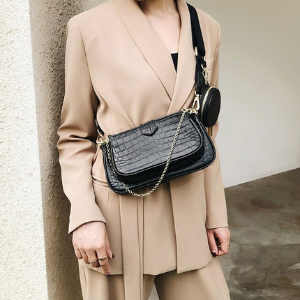 Women's Crocodile Skin Embellished Shoulder Bag with Wallet - Wnkrs