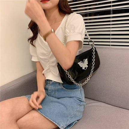 Vintage Butterfly Printed Chain Shoulder Bag for Women - Wnkrs