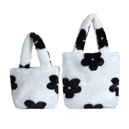 Women's Black and White Plush Tote Bag - Wnkrs