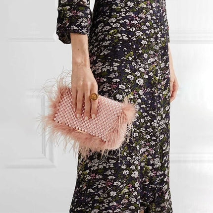 Women's Elegant Faux Fur Pearl Evening Clutch Bag - Wnkrs