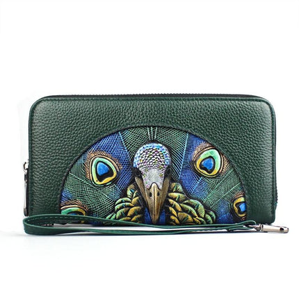 Fashionable Women's Wallet Made of Genuine Leather with a Picture of a Peacock - Wnkrs