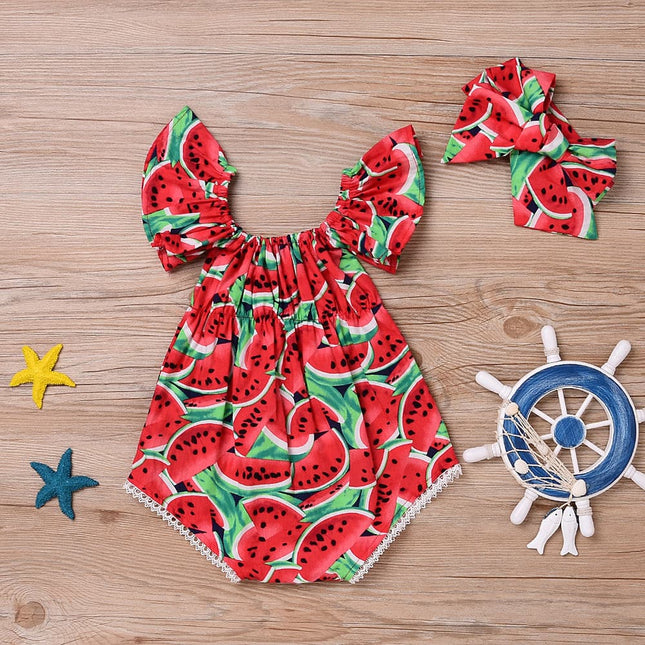 Baby Girl's Watermelon Print Romper and Headband Set - Wnkrs