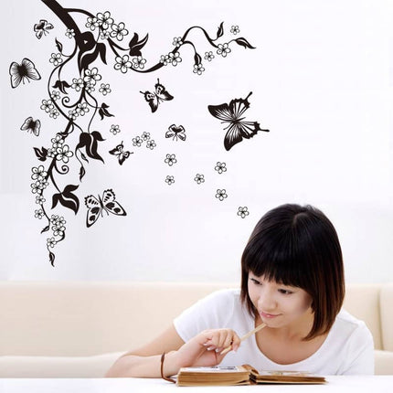 Black / White Butterfly with Floral Branch PVC Decorative Wall Sticker - wnkrs