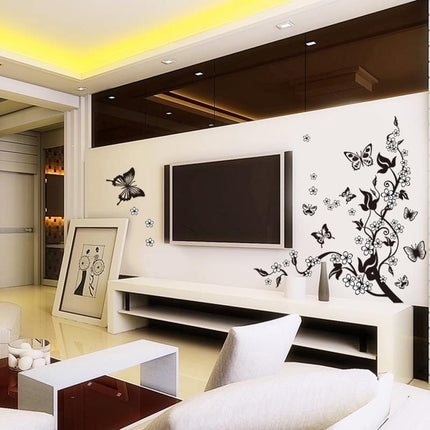 Black / White Butterfly with Floral Branch PVC Decorative Wall Sticker - wnkrs