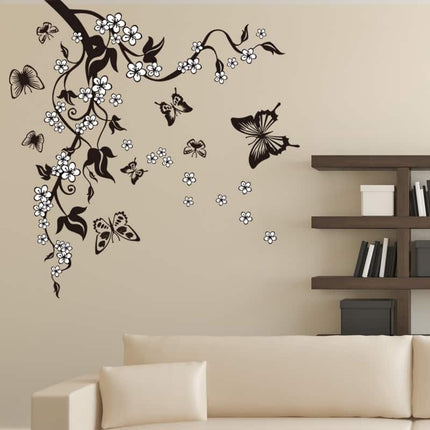 Black / White Butterfly with Floral Branch PVC Decorative Wall Sticker - wnkrs