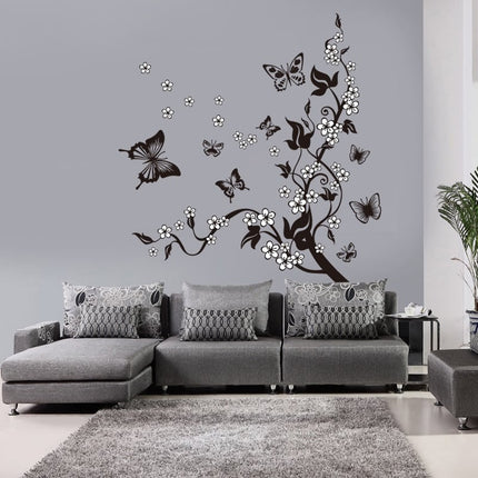 Black / White Butterfly with Floral Branch PVC Decorative Wall Sticker - wnkrs