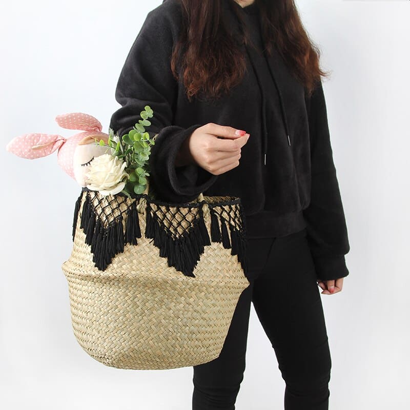 Woven Rattan Tassel Storage Basket