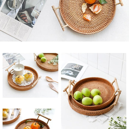 Woven Rattan Tray with Wooden Handles - wnkrs