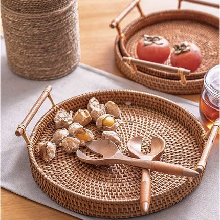 Woven Rattan Tray with Wooden Handles - wnkrs