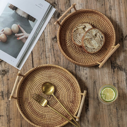 Woven Rattan Tray with Wooden Handles - wnkrs