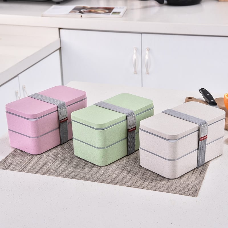 Wheat Straw Double Layers Lunch Box with Spoon