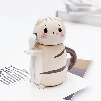 Cute Cat Shaped Ceramic Coffee Mug with Spoon - Wnkrs