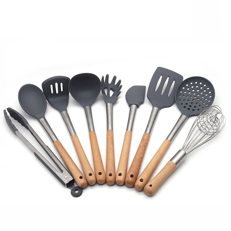 Wooden Handle Silicone Kitchenware 9 pcs Set