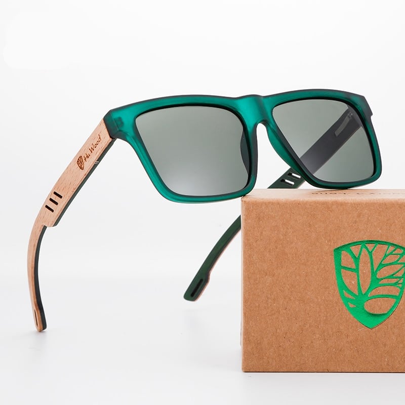 Men's Polarized Square Sunglass with Wooden Temples