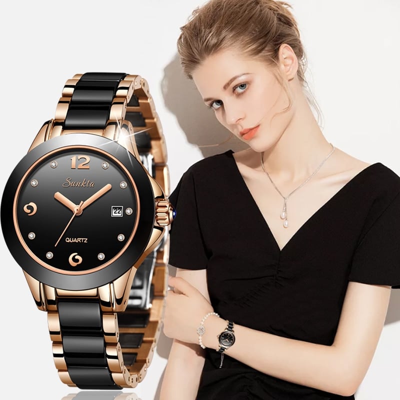 Women's Decorated Round Watch with Ceramic Band