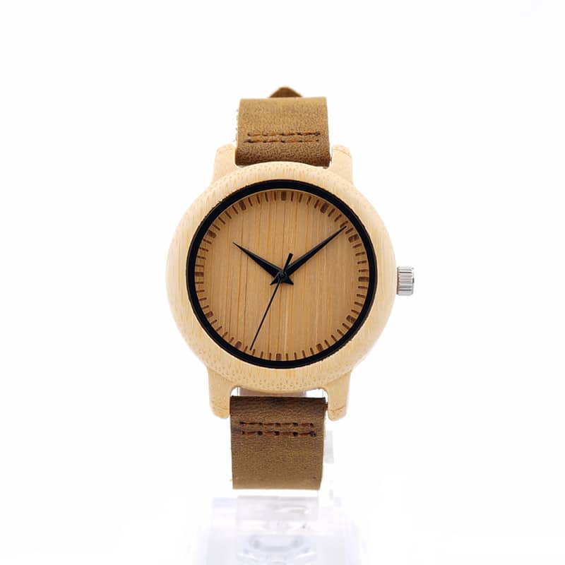 Number-Free Wood-Grain Watch with Brown Strap