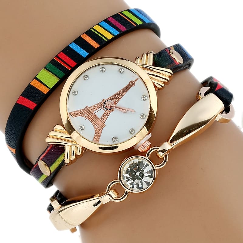 Eiffel Tower-Dial Watch with Patterned PU Wrap Band