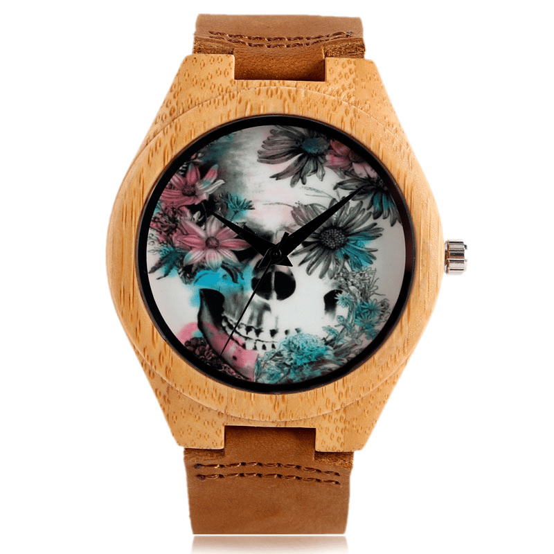 Flower Skull Printed Bamboo Wood Women's Watches