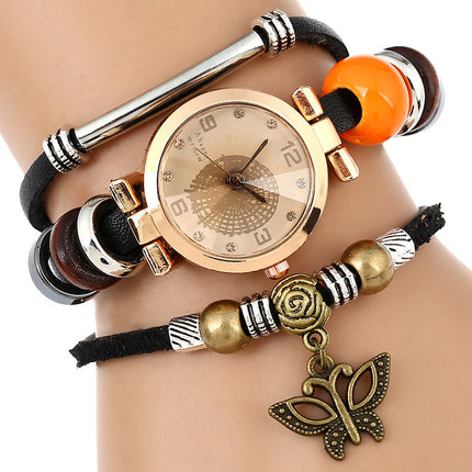 Ethnic Leather Strap Quartz Watches With Butterfly Pendants - wnkrs