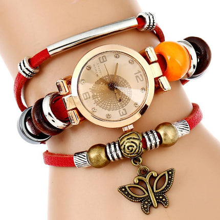 Ethnic Leather Strap Quartz Watches With Butterfly Pendants - wnkrs