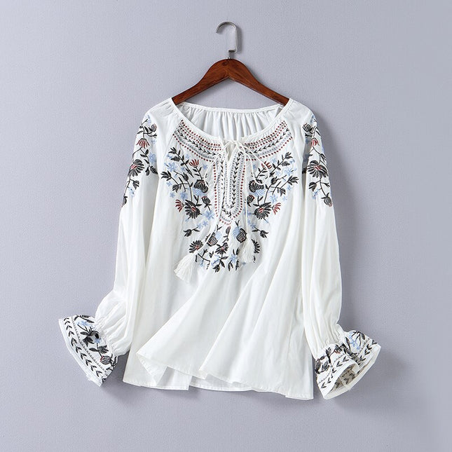 Women's Floral Embroidered O-Neck Blouse - Wnkrs