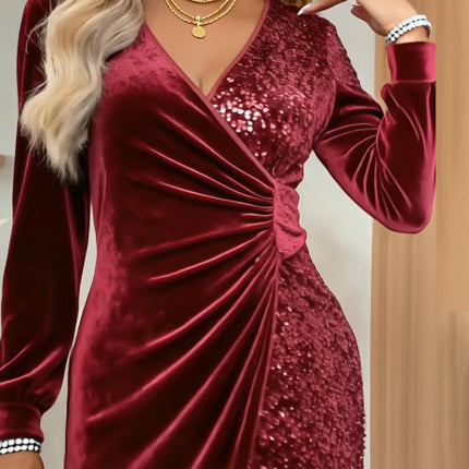 Fashionable V-neck Sequin Velvet Bodycon Dress