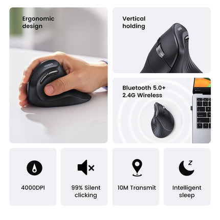Ergonomic Vertical Wireless Mouse 4000DPI with Bluetooth & 2.4G, 6 Silent Buttons