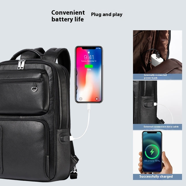 Mochila para computadora de piel de vaca de gran capacidad y ligera con estampado de lichi