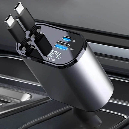 High-Speed 4-in-1 Retractable Car Charger with Dual USB, Type-C & Lightning Cables - Wnkrs