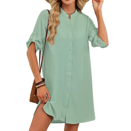 V-neck Shirt-sleeve Button-down Dress For Women