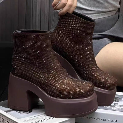 Bottines à talons épais et plateformes en strass étoilés