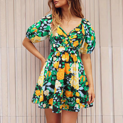 Robe à fleurs à col en V et manches lanternes Y2K, robes courtes de vacances d'été à la plage, vêtements pour femmes à la mode