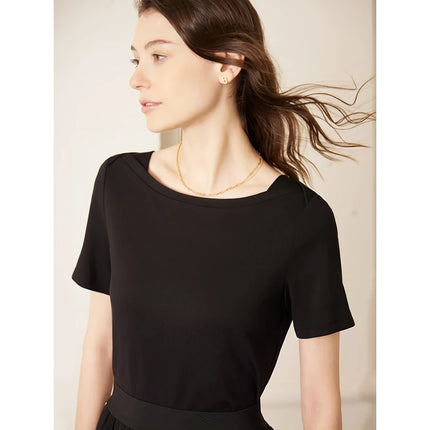 T-shirt minimaliste en coton pour femme avec col à une ligne