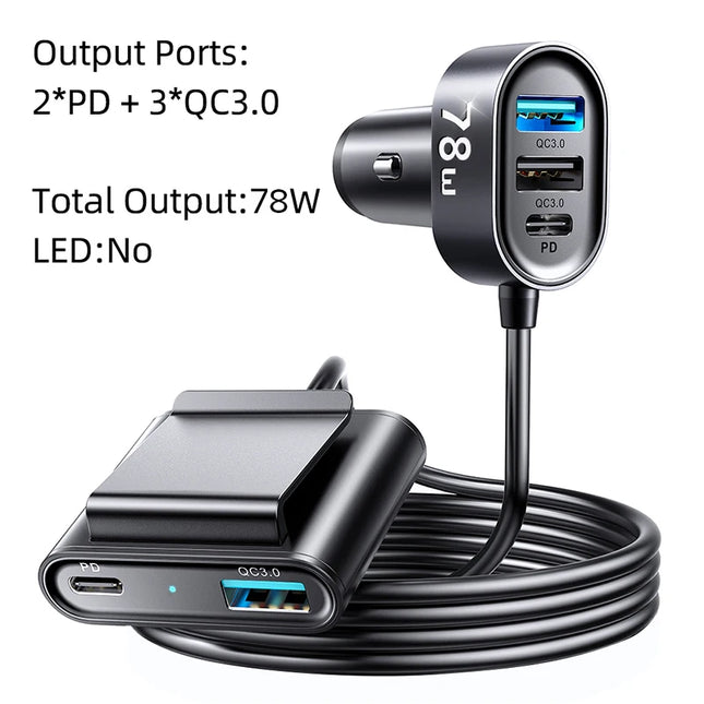 Cargador de coche de 5 puertos y 78 W con LED y adaptador USB C de carga rápida para coches