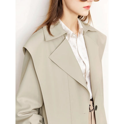 Trench-coat long minimaliste pour femme - Automne Col rabattu Patchwork Simple boutonnage