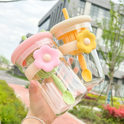 Tasse en verre à motif de fleurs avec couvercle, paille et infuseur